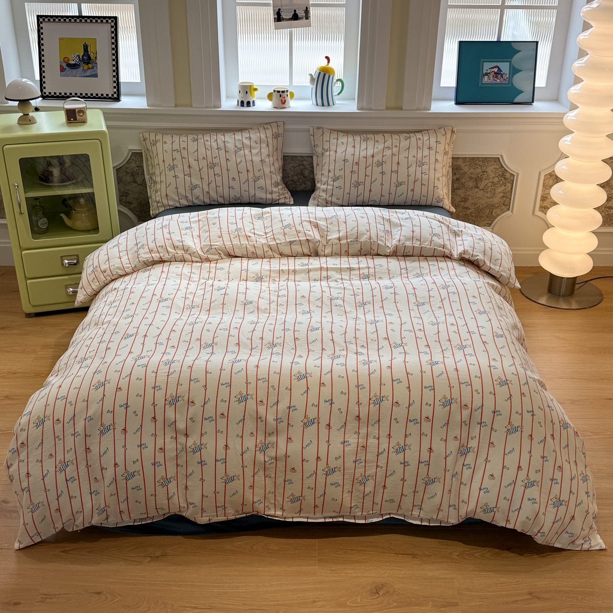 91家纺网 家纺一手货源 找家纺 塞纳 2026新款.全棉有氧双层纱四件套-场景一 快乐汪星人