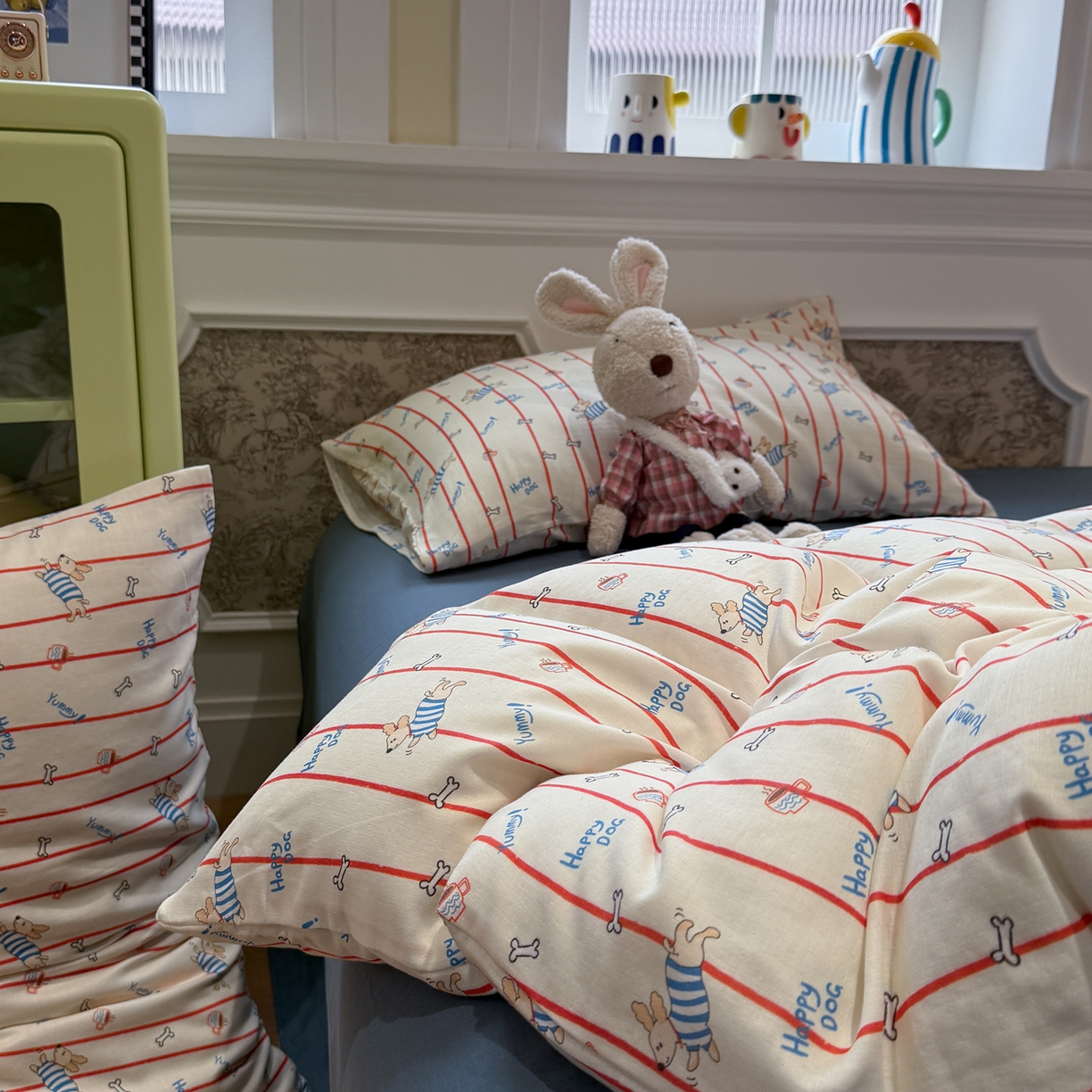 91家纺网 家纺一手货源 找家纺 塞纳 2026新款.全棉有氧双层纱四件套-场景一 快乐汪星人