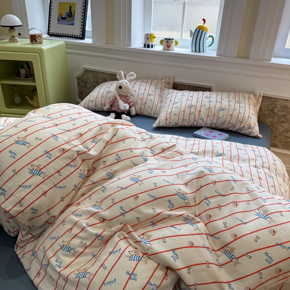 91家纺网 家纺一手货源 找家纺 塞纳 2026新款.全棉有氧双层纱四件套-场景一 快乐汪星人