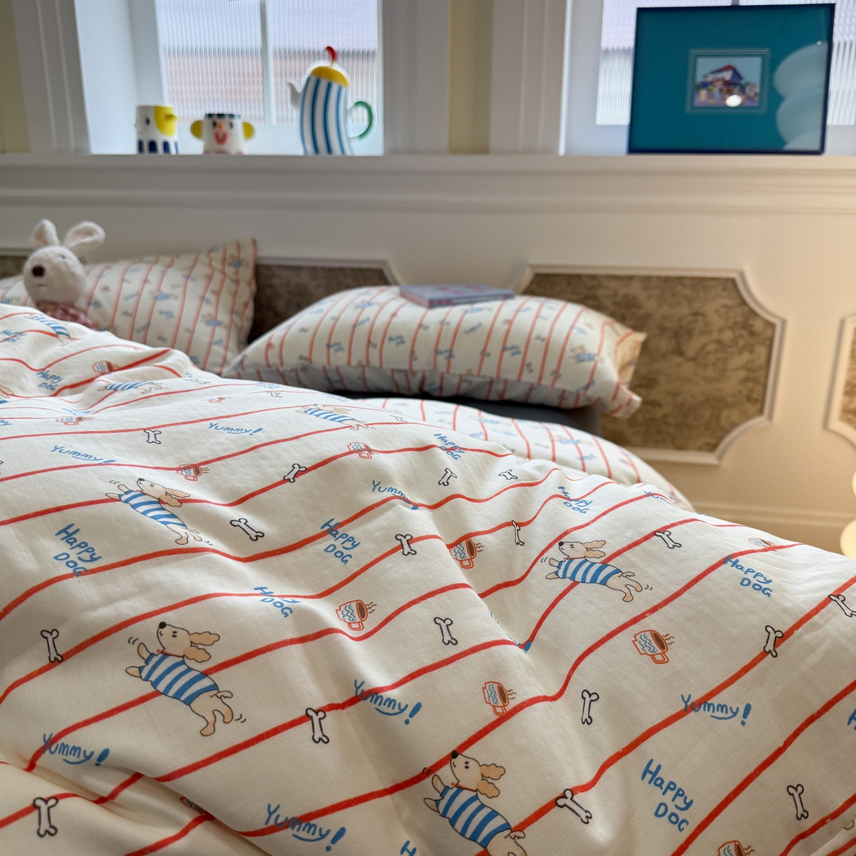 91家纺网 家纺一手货源 找家纺 塞纳 2026新款.全棉有氧双层纱四件套-场景一 快乐汪星人