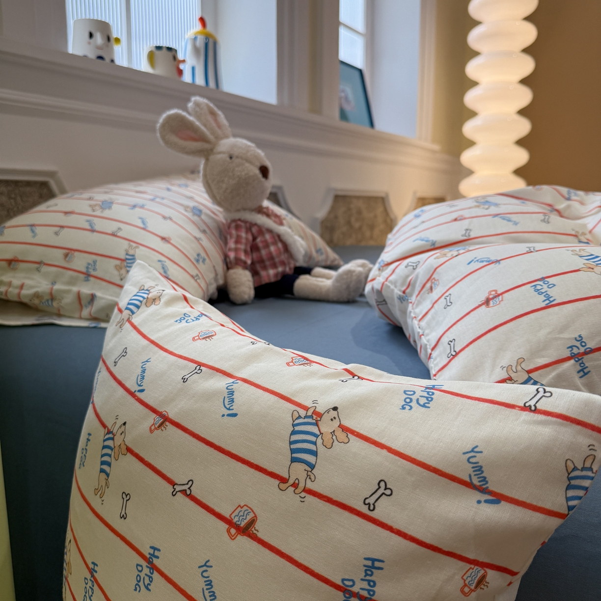 91家纺网 家纺一手货源 找家纺 塞纳 2026新款.全棉有氧双层纱四件套-场景一 快乐汪星人