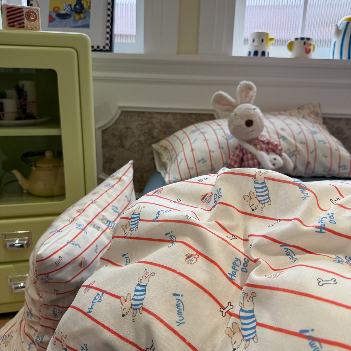 91家纺网 家纺一手货源 找家纺 塞纳 2026新款.全棉有氧双层纱四件套-场景一 快乐汪星人