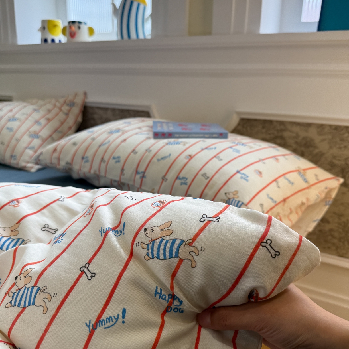 91家纺网 家纺一手货源 找家纺 塞纳 2026新款.全棉有氧双层纱四件套-场景一 快乐汪星人