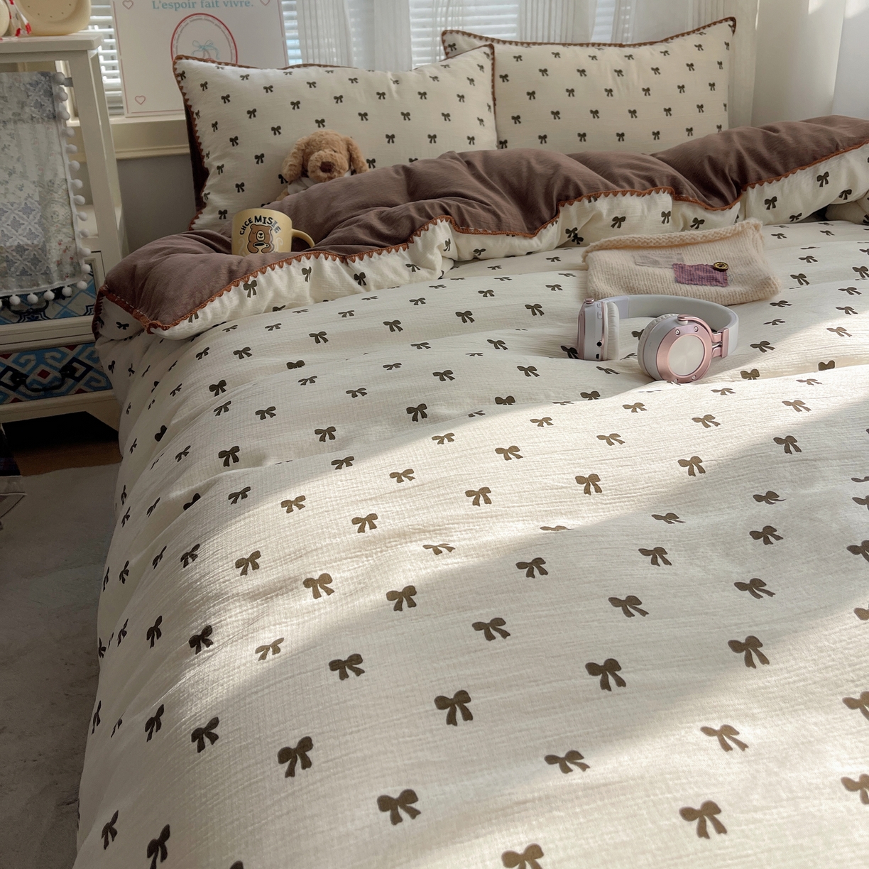 91家纺网 家纺一手货源 找家纺 （总）顾里家纺 2026春夏新款ins韩风印花贝壳针双层纱四件套