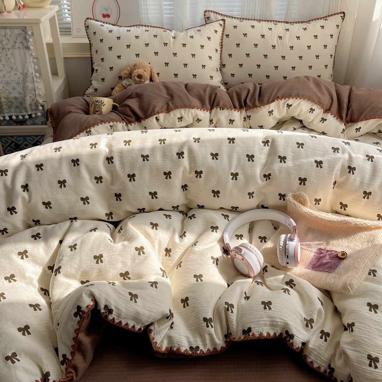 91家纺网 家纺一手货源 找家纺 （总）顾里家纺 2026新款韩系蝴蝶结系带泡芙棉套件四件套  会员-2元 可定制床笠+8元（小四件不做床笠）