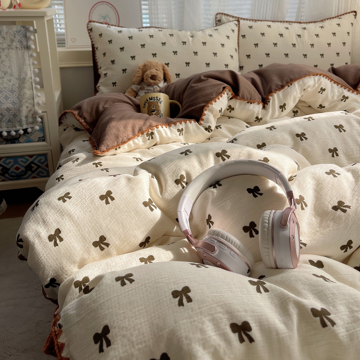 91家纺网 家纺一手货源 找家纺 （总）顾里家纺 2026春夏新款ins韩风印花贝壳针双层纱四件套