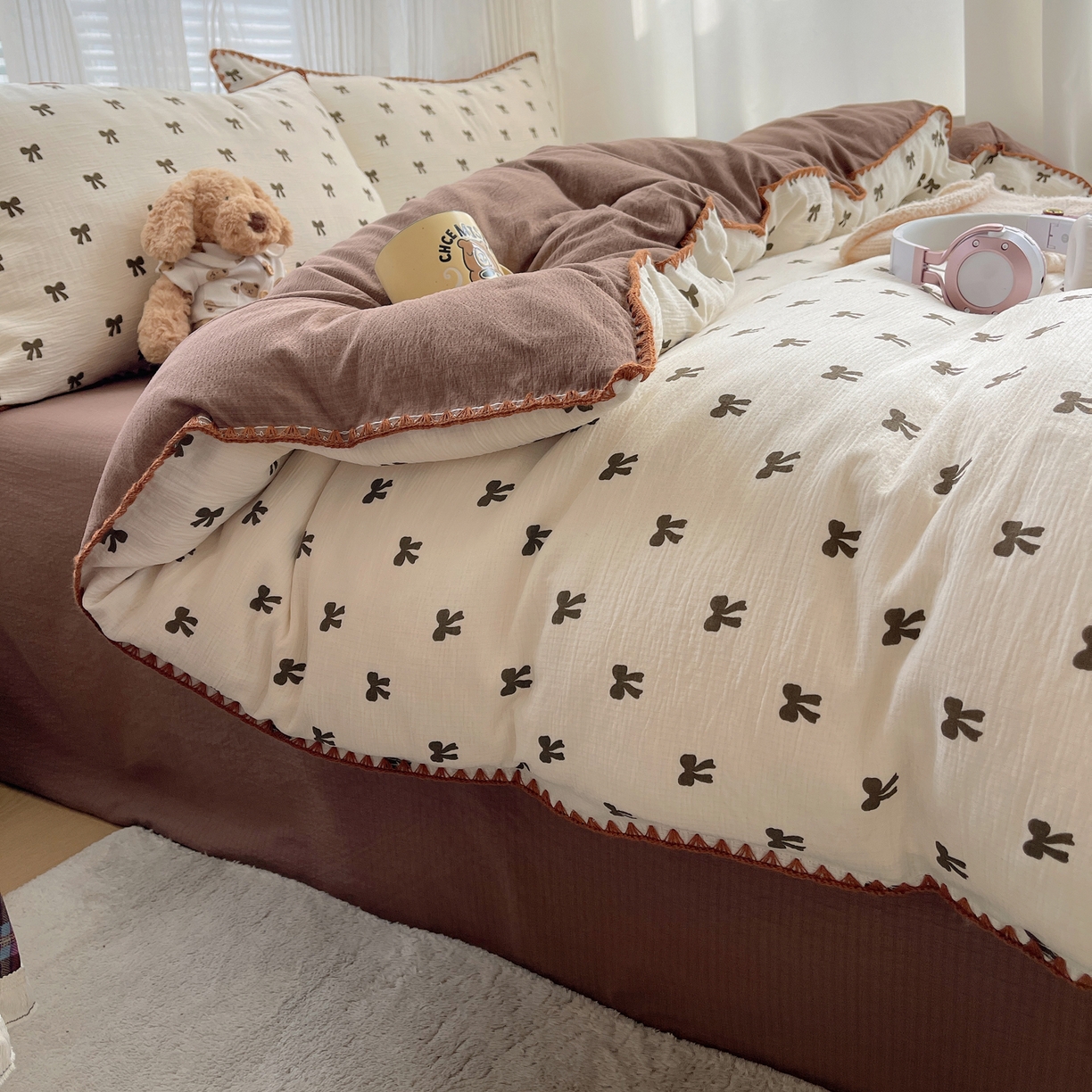 91家纺网 家纺一手货源 找家纺 （总）顾里家纺 2026春夏新款ins韩风印花贝壳针双层纱四件套