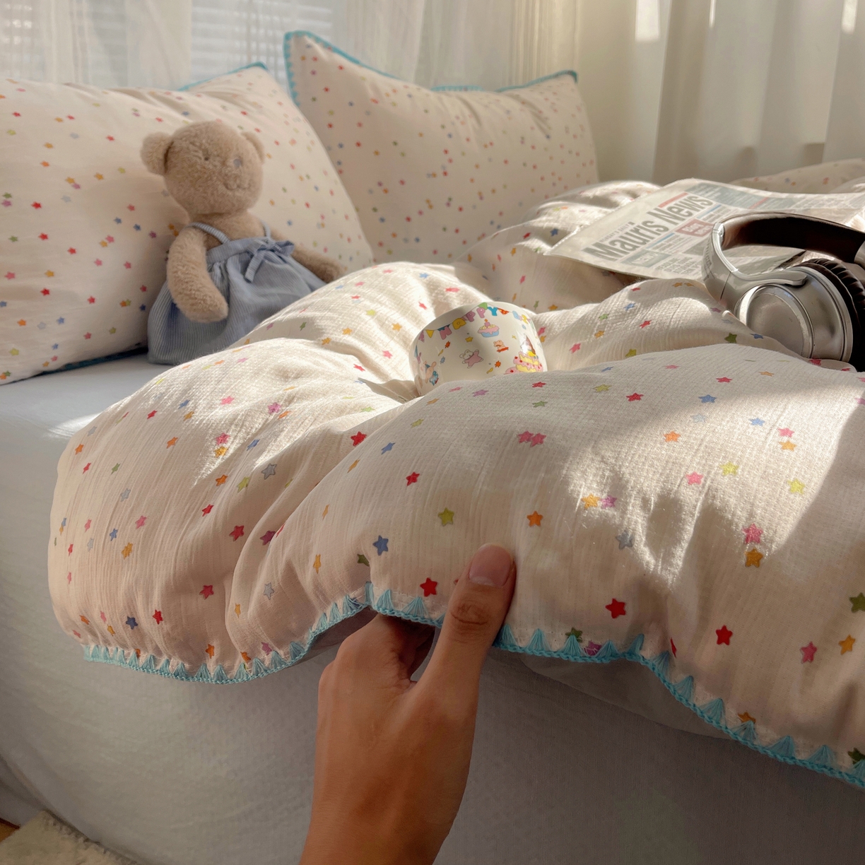 91家纺网 家纺一手货源 找家纺 顾里家纺 2026春夏新款ins韩风印花贝壳针双层纱四件套 治愈星星