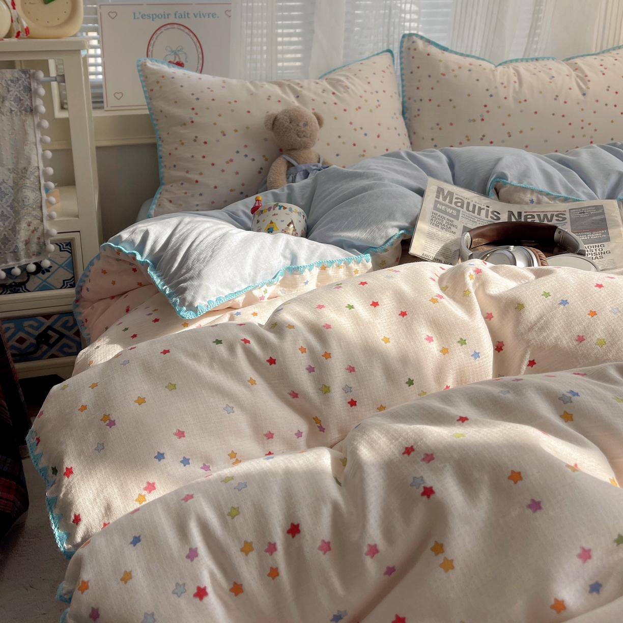 91家纺网 家纺一手货源 找家纺 顾里家纺 2026春夏新款ins韩风印花贝壳针双层纱四件套 治愈星星