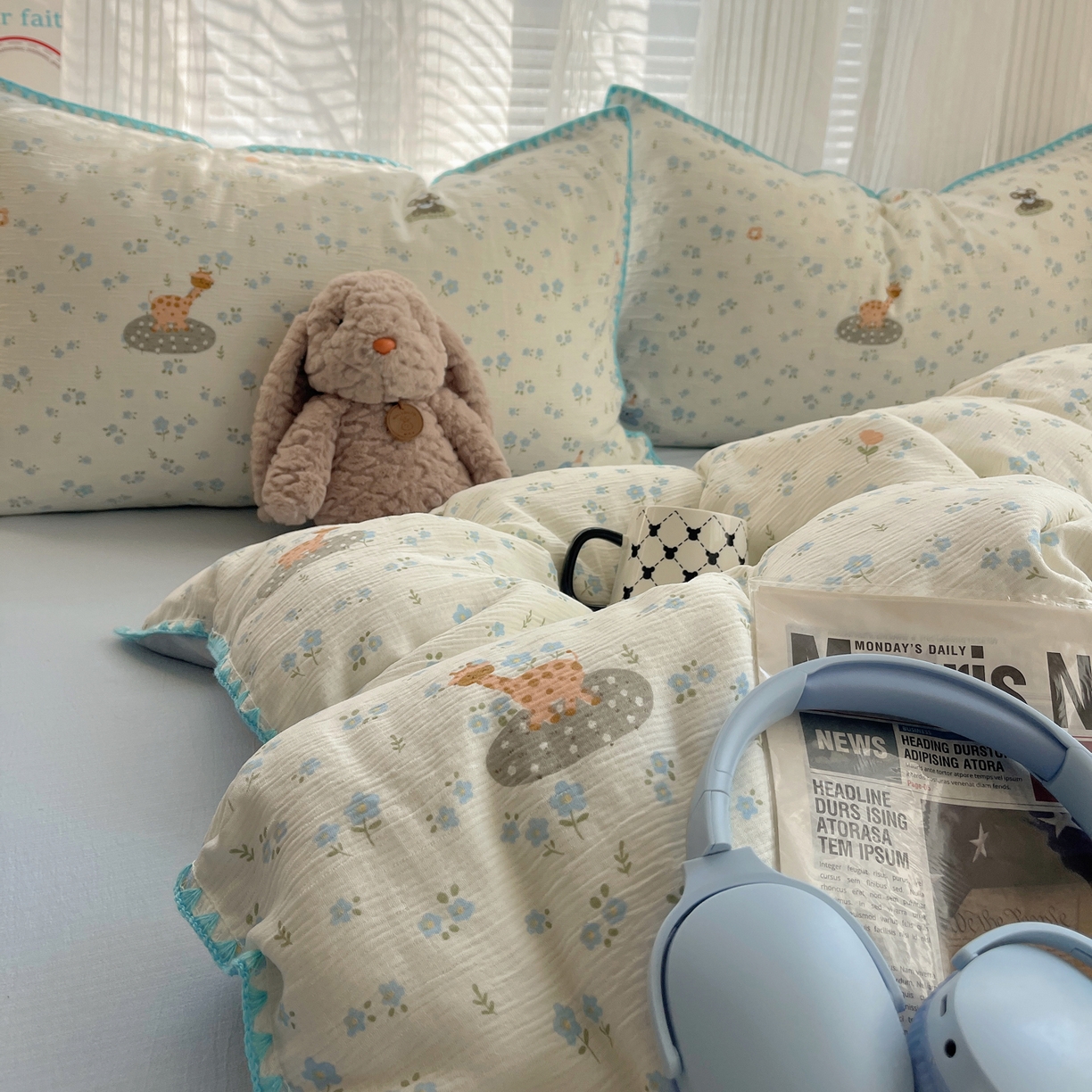 91家纺网 家纺一手货源 找家纺 顾里家纺 2026春夏新款ins韩风印花贝壳针双层纱四件套 雾屿动物