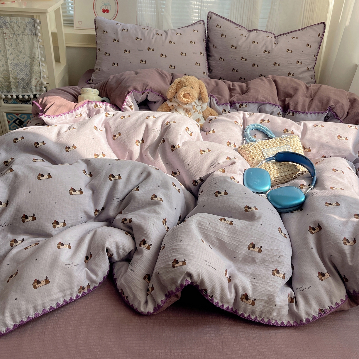 91家纺网 家纺一手货源 找家纺 （总）顾里家纺 2026春夏新款ins韩风印花贝壳针双层纱四件套