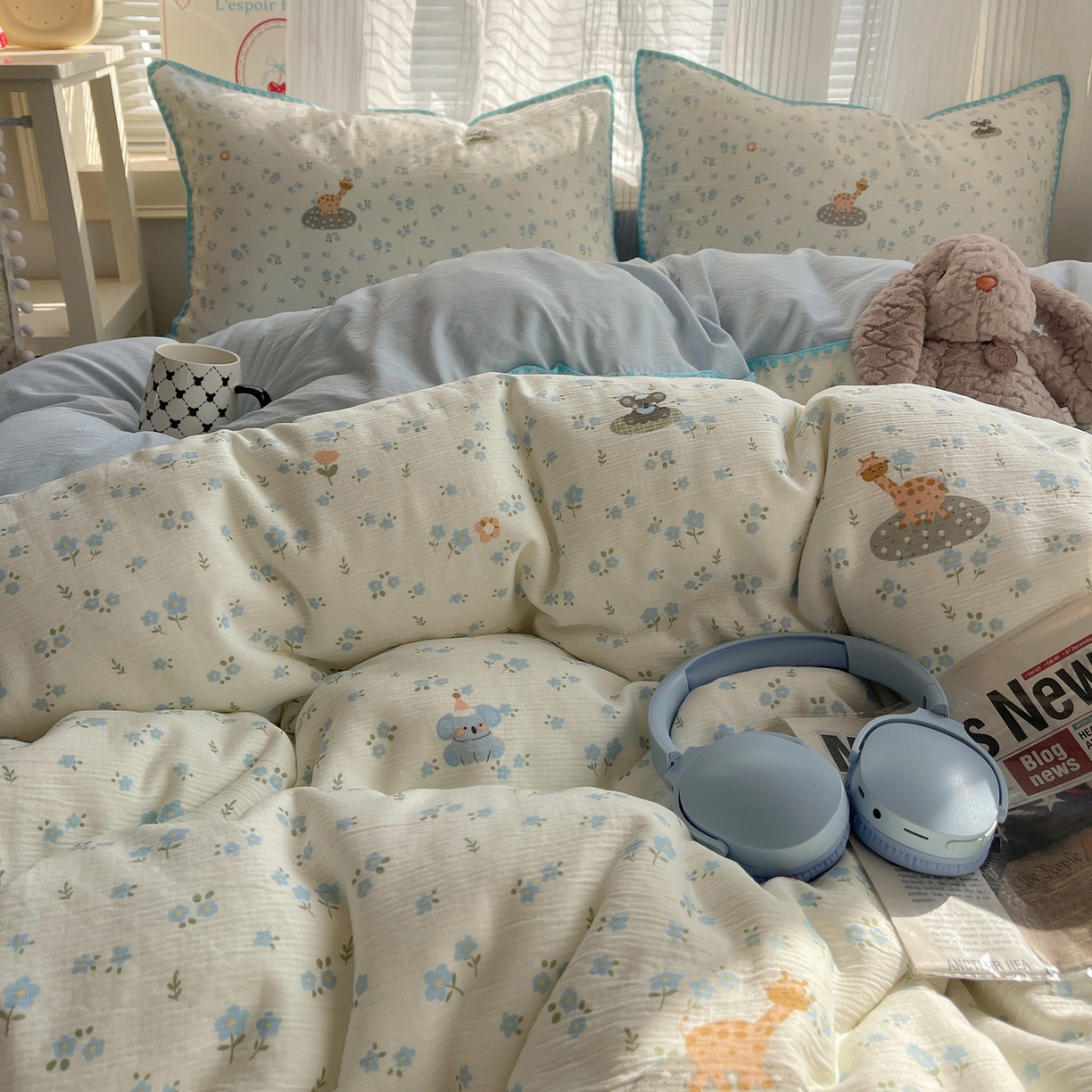 91家纺网 家纺一手货源 找家纺 顾里家纺 2026春夏新款ins韩风印花贝壳针双层纱四件套 雾屿动物