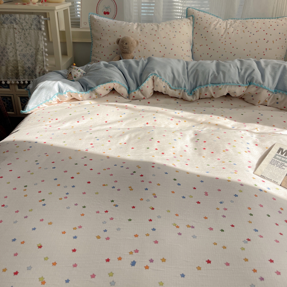 91家纺网 家纺一手货源 找家纺 顾里家纺 2026春夏新款ins韩风印花贝壳针双层纱四件套 治愈星星