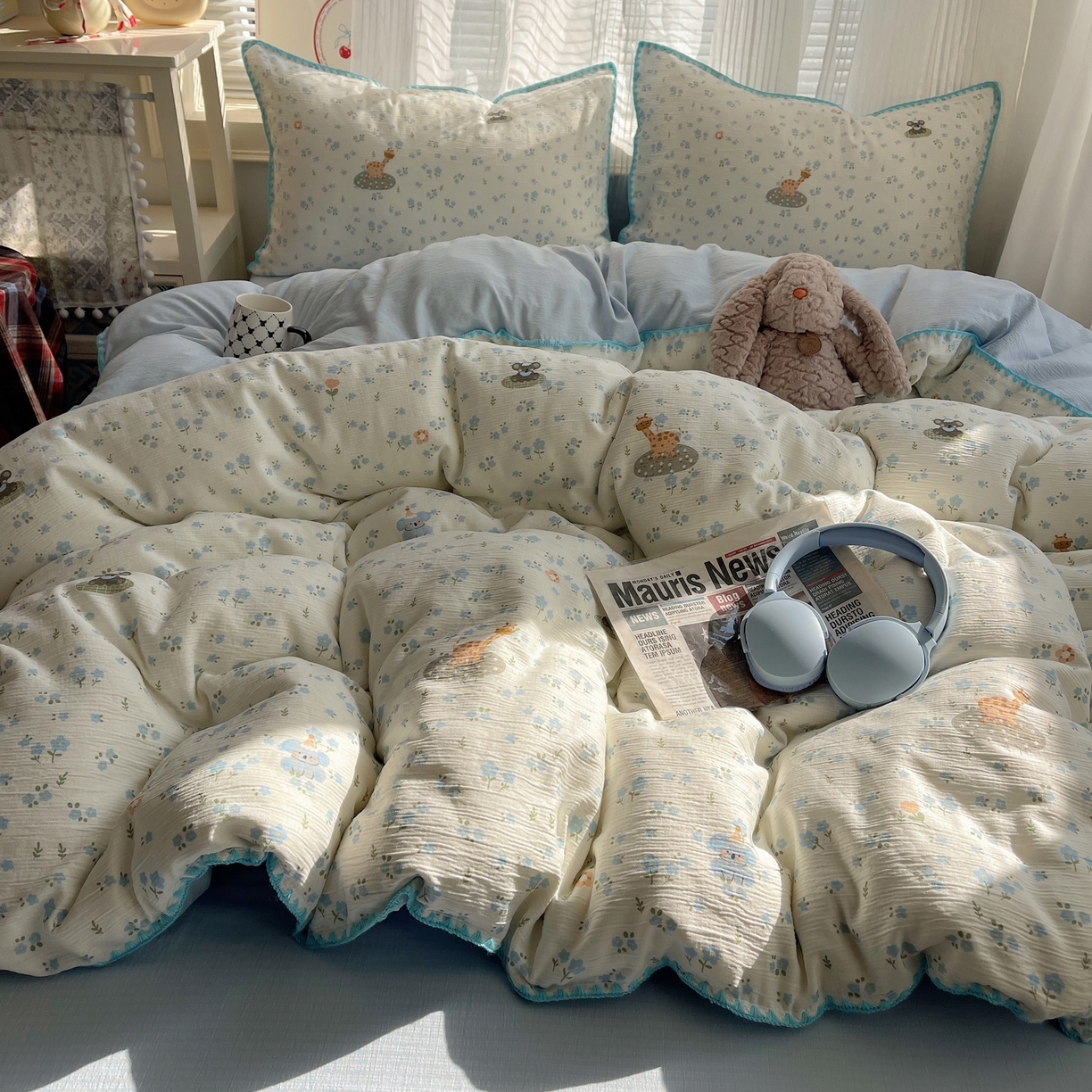 91家纺网 家纺一手货源 找家纺 （总）顾里家纺 2026春夏新款ins韩风印花贝壳针双层纱四件套