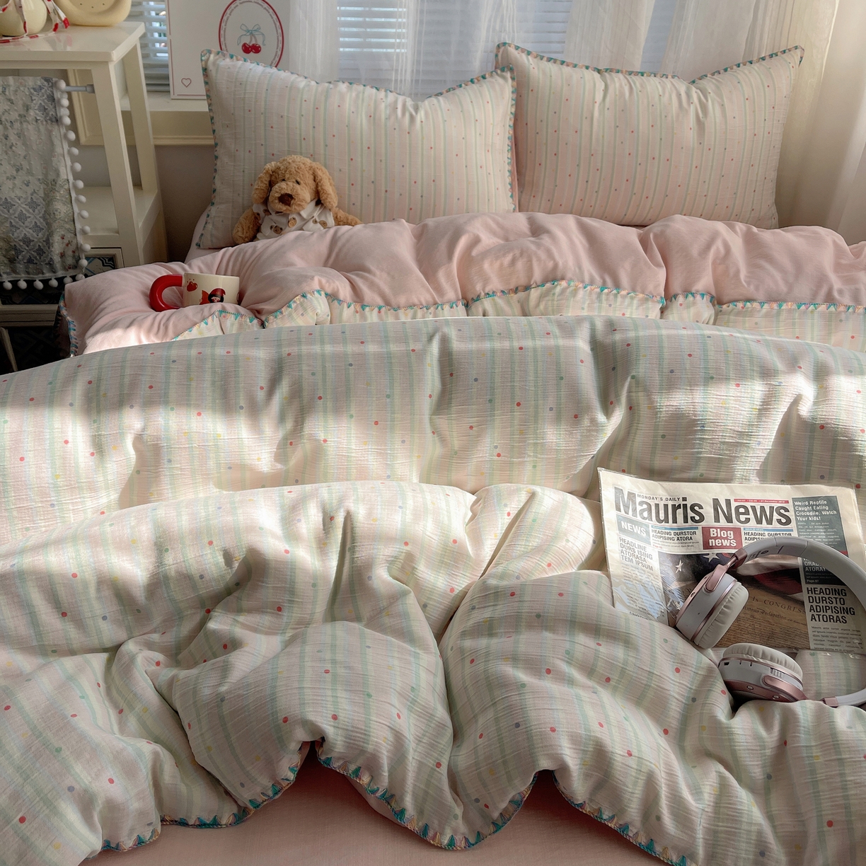 91家纺网 家纺一手货源 找家纺 （总）顾里家纺 2026春夏新款ins韩风印花贝壳针双层纱四件套