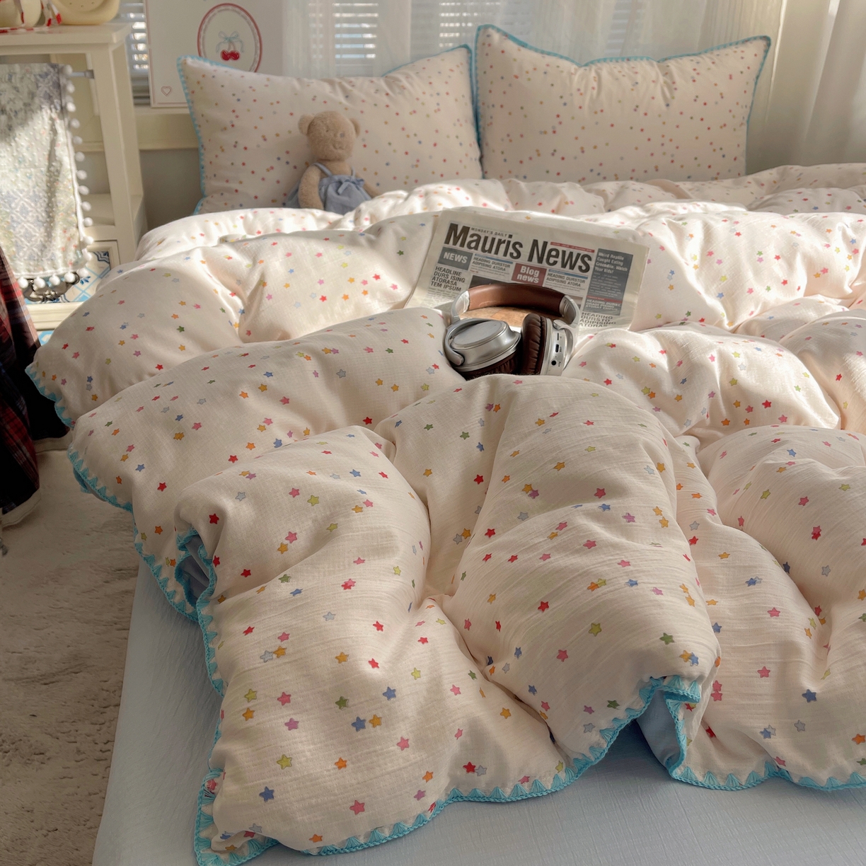 91家纺网 家纺一手货源 找家纺 顾里家纺 2026春夏新款ins韩风印花贝壳针双层纱四件套 治愈星星