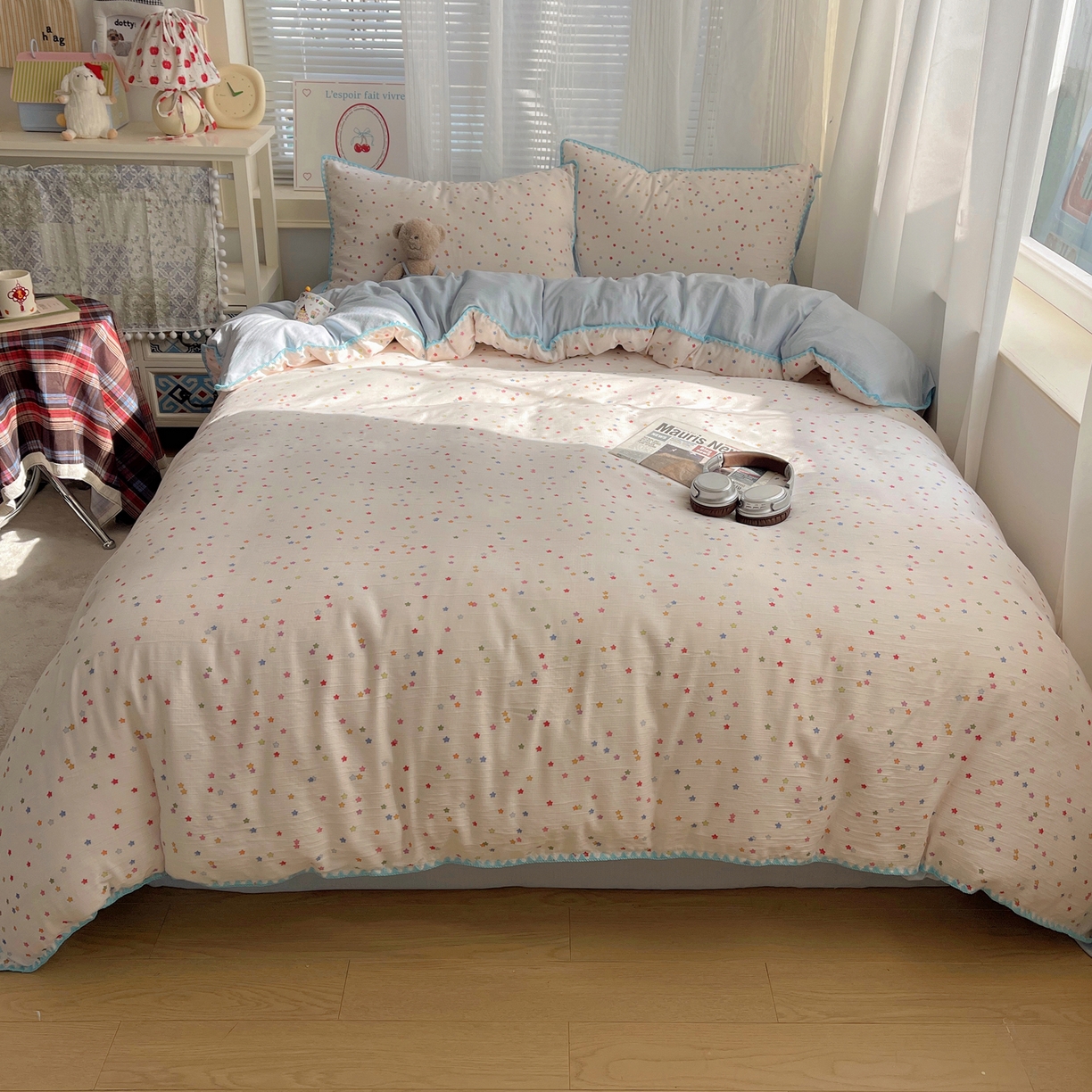 91家纺网 家纺一手货源 找家纺 顾里家纺 2026春夏新款ins韩风印花贝壳针双层纱四件套 治愈星星