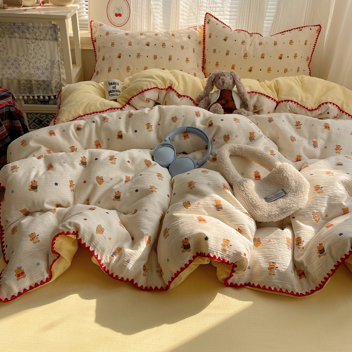 91家纺网 家纺一手货源 找家纺 （总）顾里家纺 2026春夏新款ins韩风印花贝壳针双层纱四件套