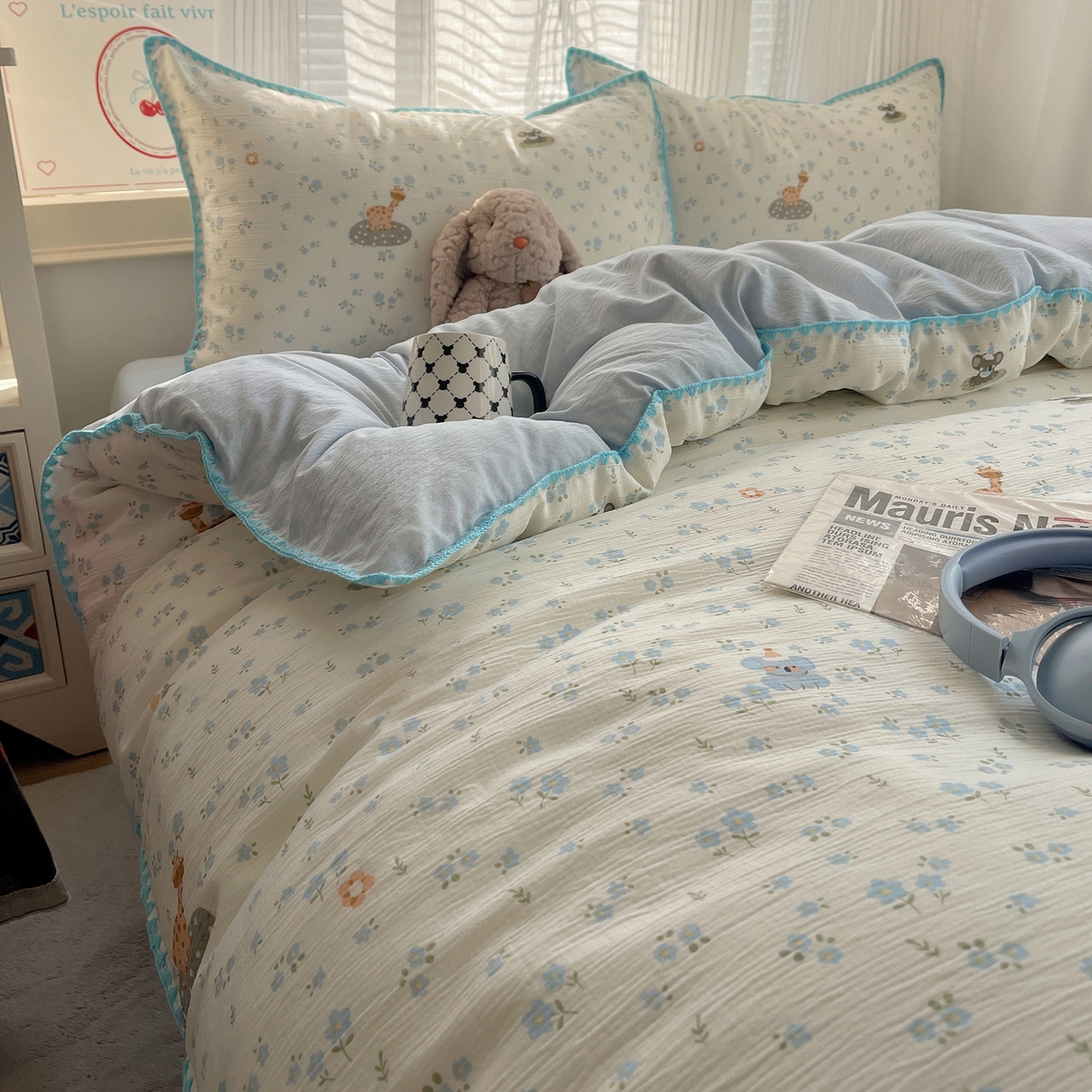 91家纺网 家纺一手货源 找家纺 顾里家纺 2026春夏新款ins韩风印花贝壳针双层纱四件套 雾屿动物