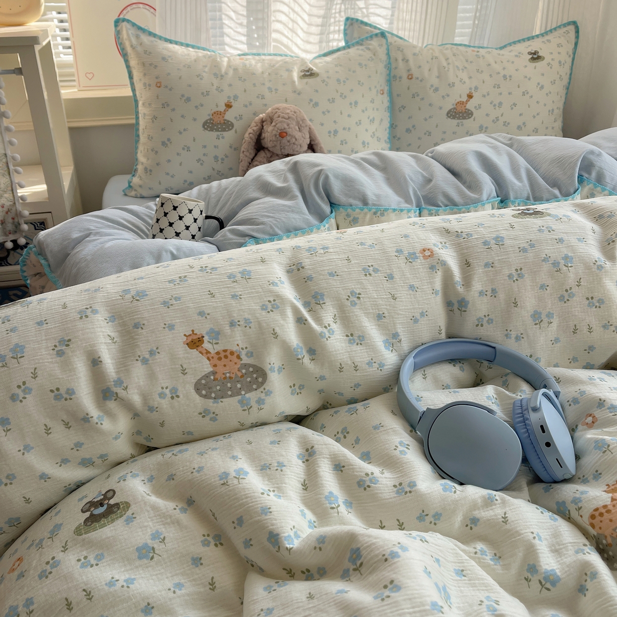 91家纺网 家纺一手货源 找家纺 顾里家纺 2026春夏新款ins韩风印花贝壳针双层纱四件套 雾屿动物