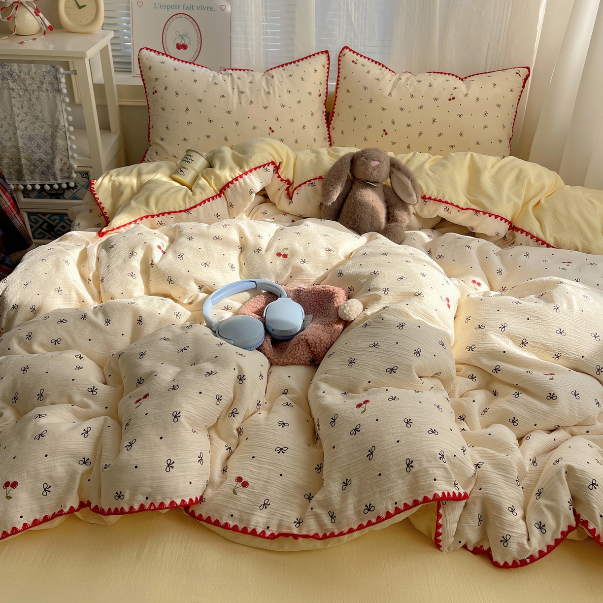 顾里家纺 2026春夏新款ins韩风印花贝壳针双层纱四件套 樱桃蝴蝶结