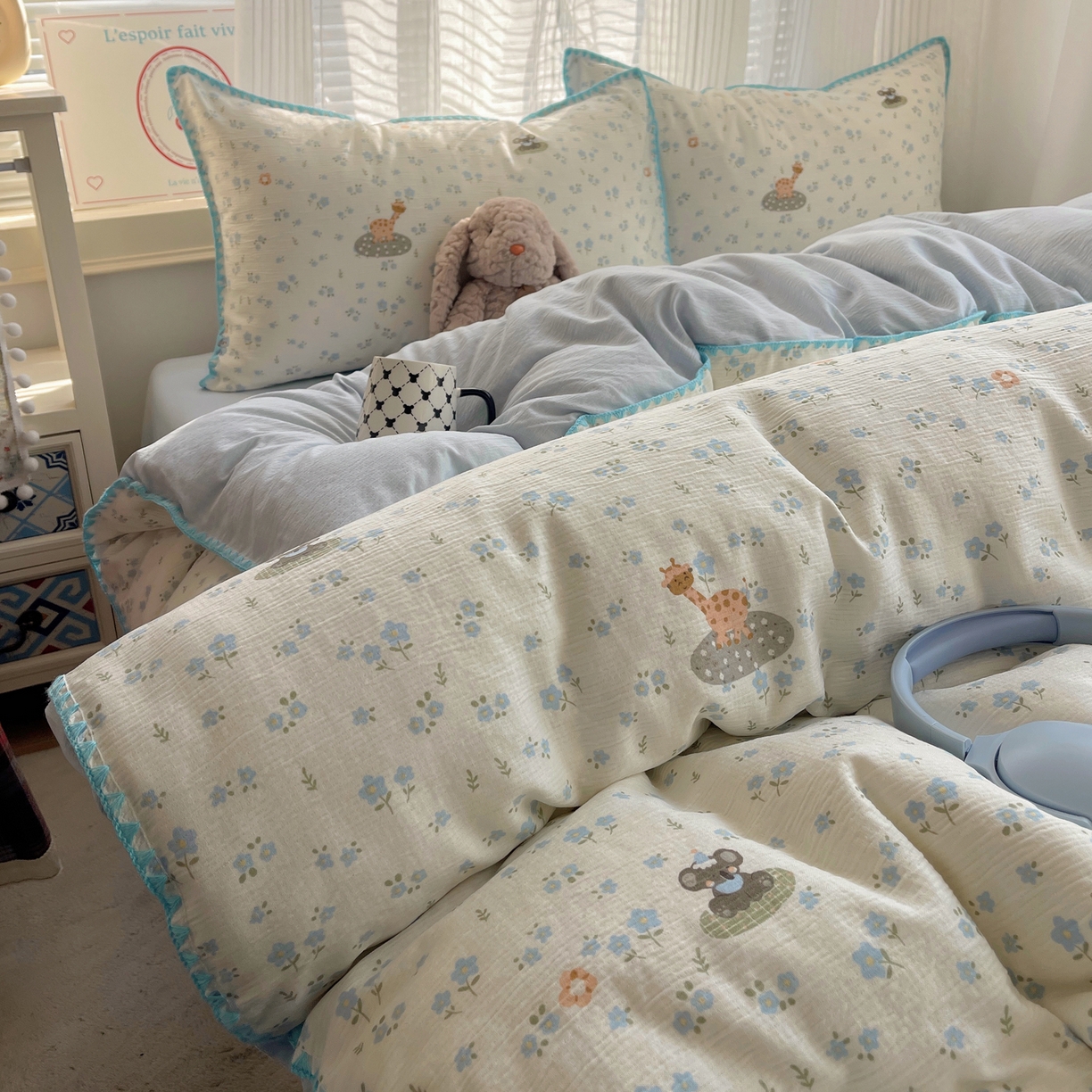 91家纺网 家纺一手货源 找家纺 顾里家纺 2026春夏新款ins韩风印花贝壳针双层纱四件套 雾屿动物