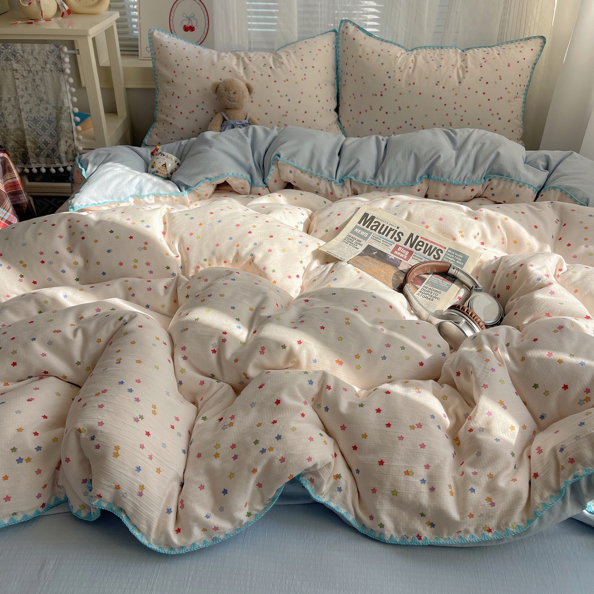 顾里家纺 2026春夏新款ins韩风印花贝壳针双层纱四件套 治愈星星