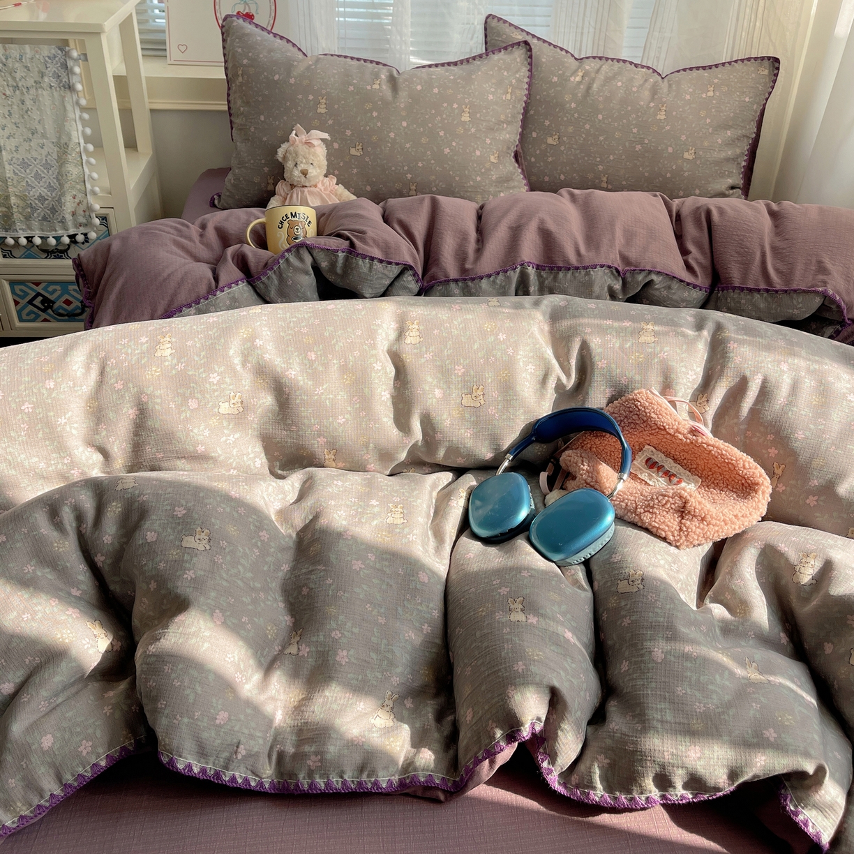 91家纺网 家纺一手货源 找家纺 （总）顾里家纺 2026春夏新款ins韩风印花贝壳针双层纱四件套