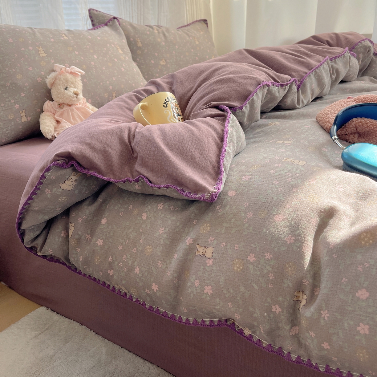 91家纺网 家纺一手货源 找家纺 顾里家纺 2026春夏新款ins韩风印花贝壳针双层纱四件套 栀夏小兔