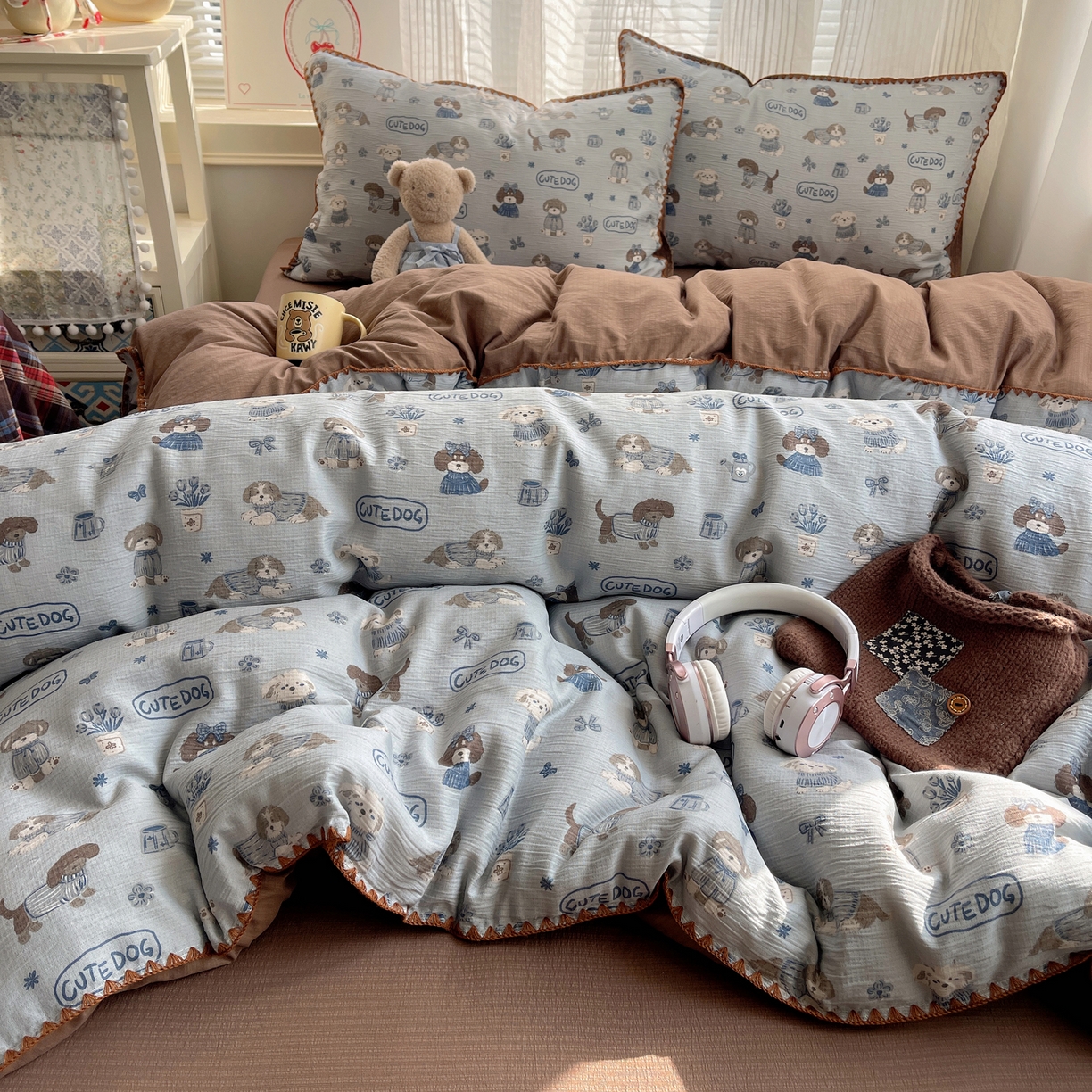 91家纺网 家纺一手货源 找家纺 （总）顾里家纺 2026春夏新款ins韩风印花贝壳针双层纱四件套