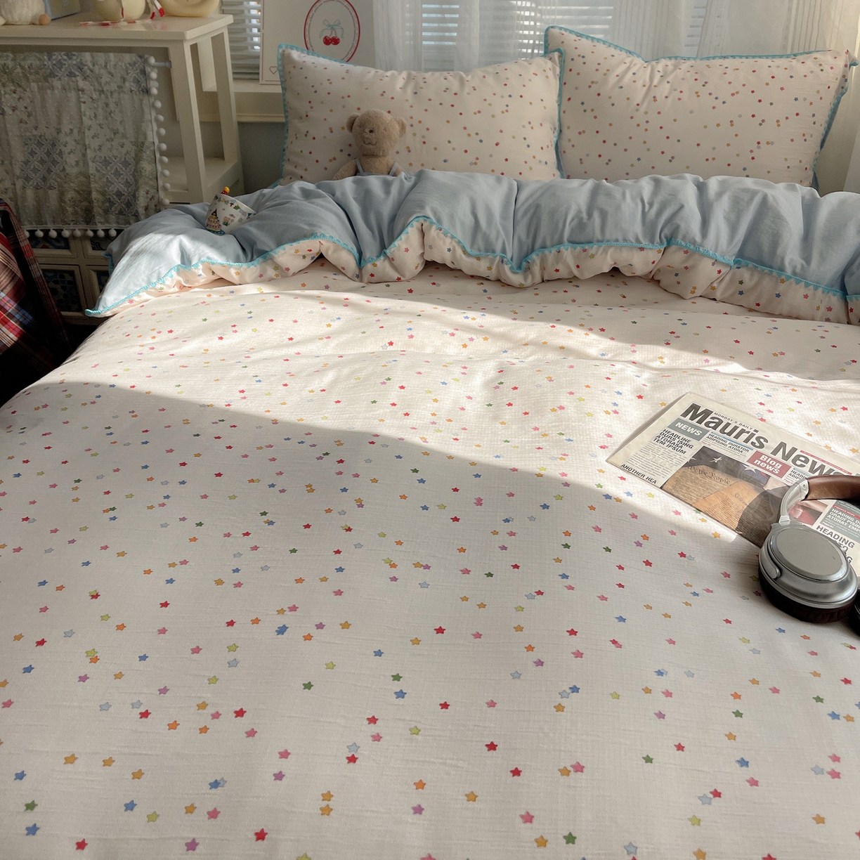 91家纺网 家纺一手货源 找家纺 顾里家纺 2026春夏新款ins韩风印花贝壳针双层纱四件套 治愈星星