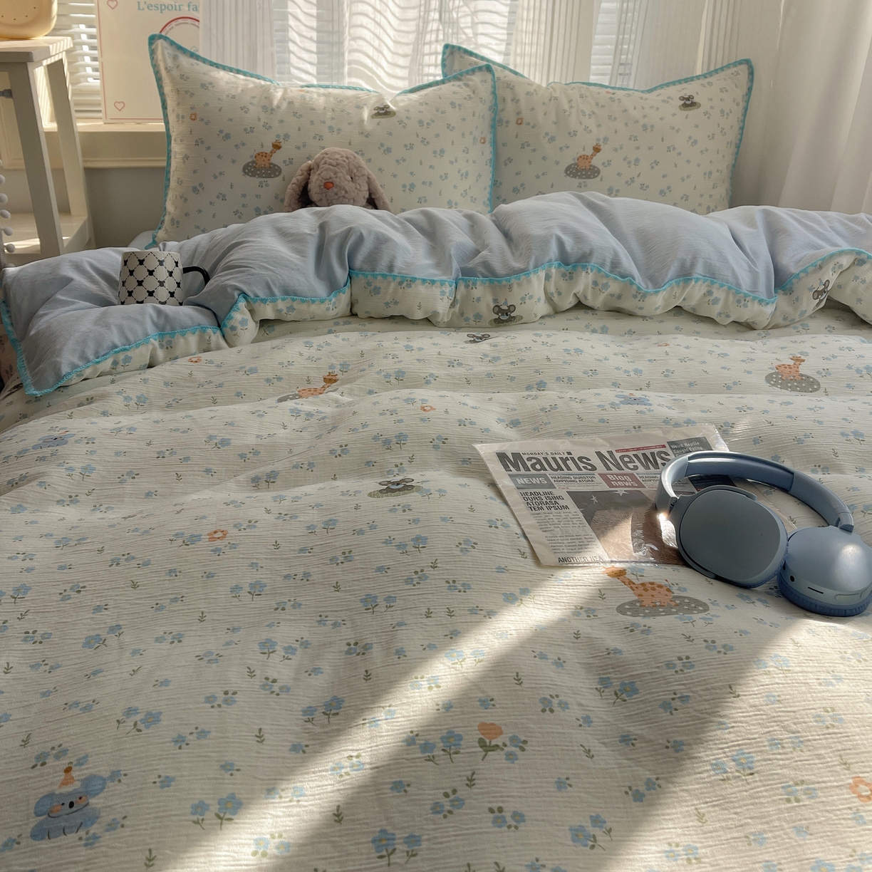 91家纺网 家纺一手货源 找家纺 顾里家纺 2026春夏新款ins韩风印花贝壳针双层纱四件套 雾屿动物