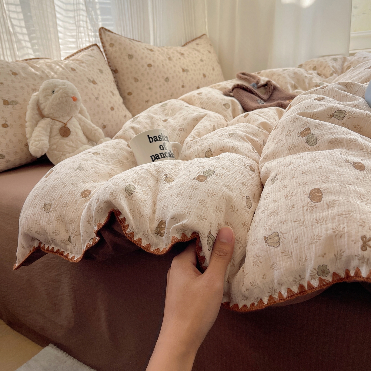 91家纺网 家纺一手货源 找家纺 顾里家纺 2026春夏新款ins韩风印花贝壳针双层纱四件套 小南瓜