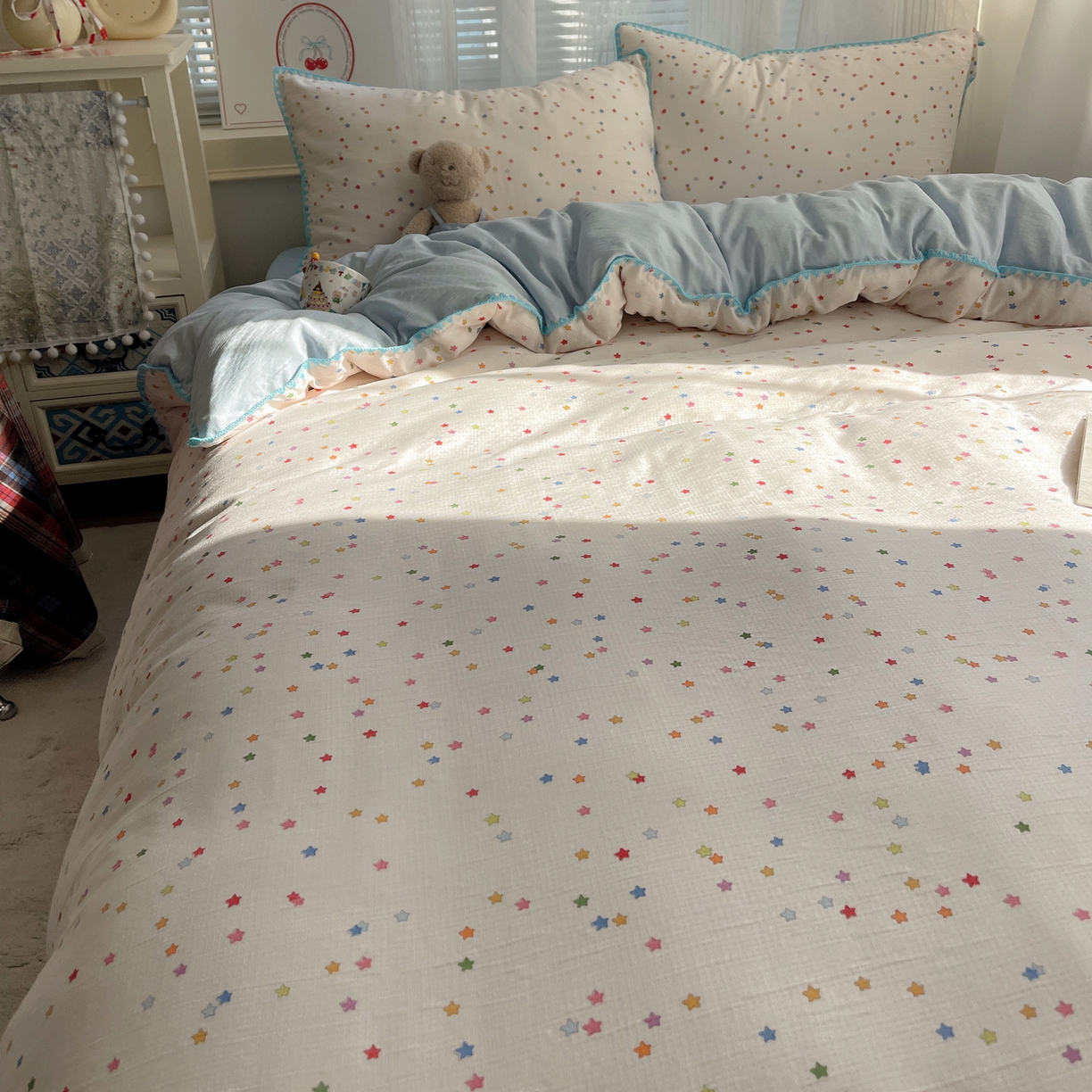 91家纺网 家纺一手货源 找家纺 顾里家纺 2026春夏新款ins韩风印花贝壳针双层纱四件套 治愈星星