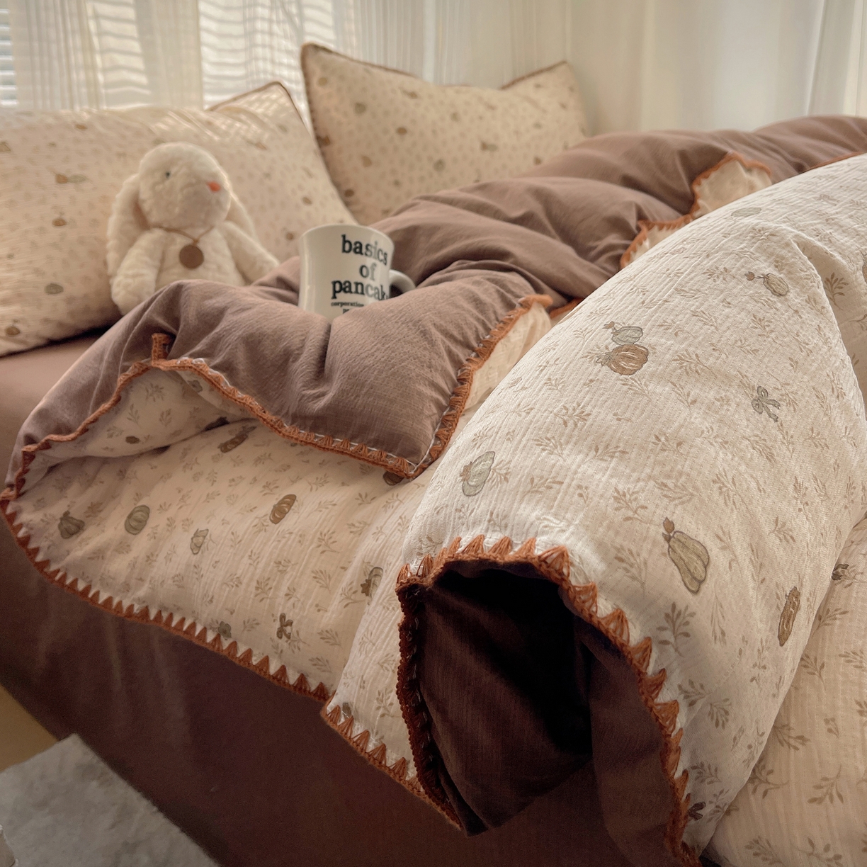 91家纺网 家纺一手货源 找家纺 顾里家纺 2026春夏新款ins韩风印花贝壳针双层纱四件套 小南瓜