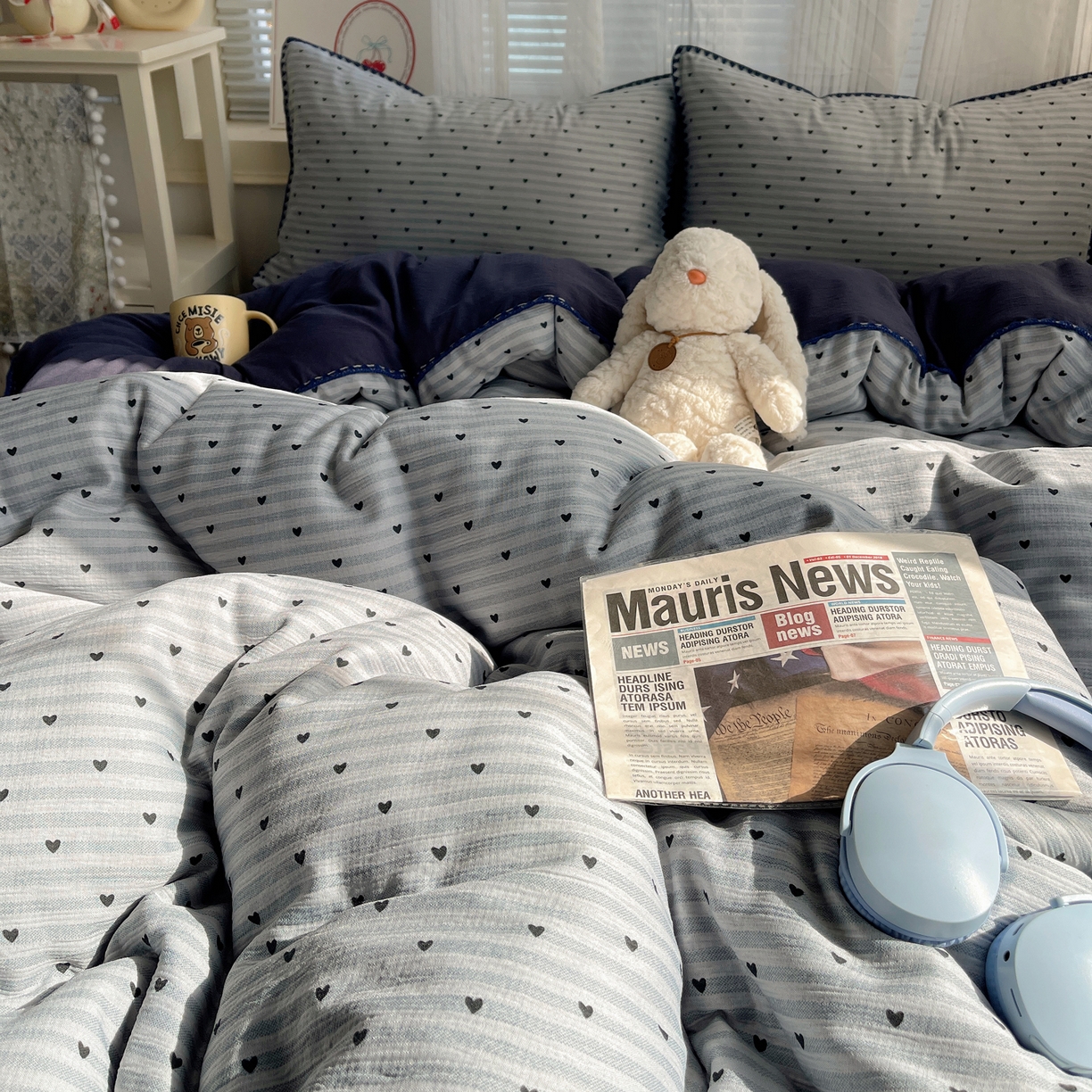 91家纺网 家纺一手货源 找家纺 顾里家纺 2026春夏新款ins韩风印花贝壳针双层纱四件套 蓝条爱心