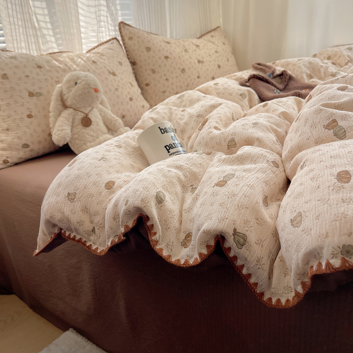 91家纺网 家纺一手货源 找家纺 顾里家纺 2026春夏新款ins韩风印花贝壳针双层纱四件套 小南瓜