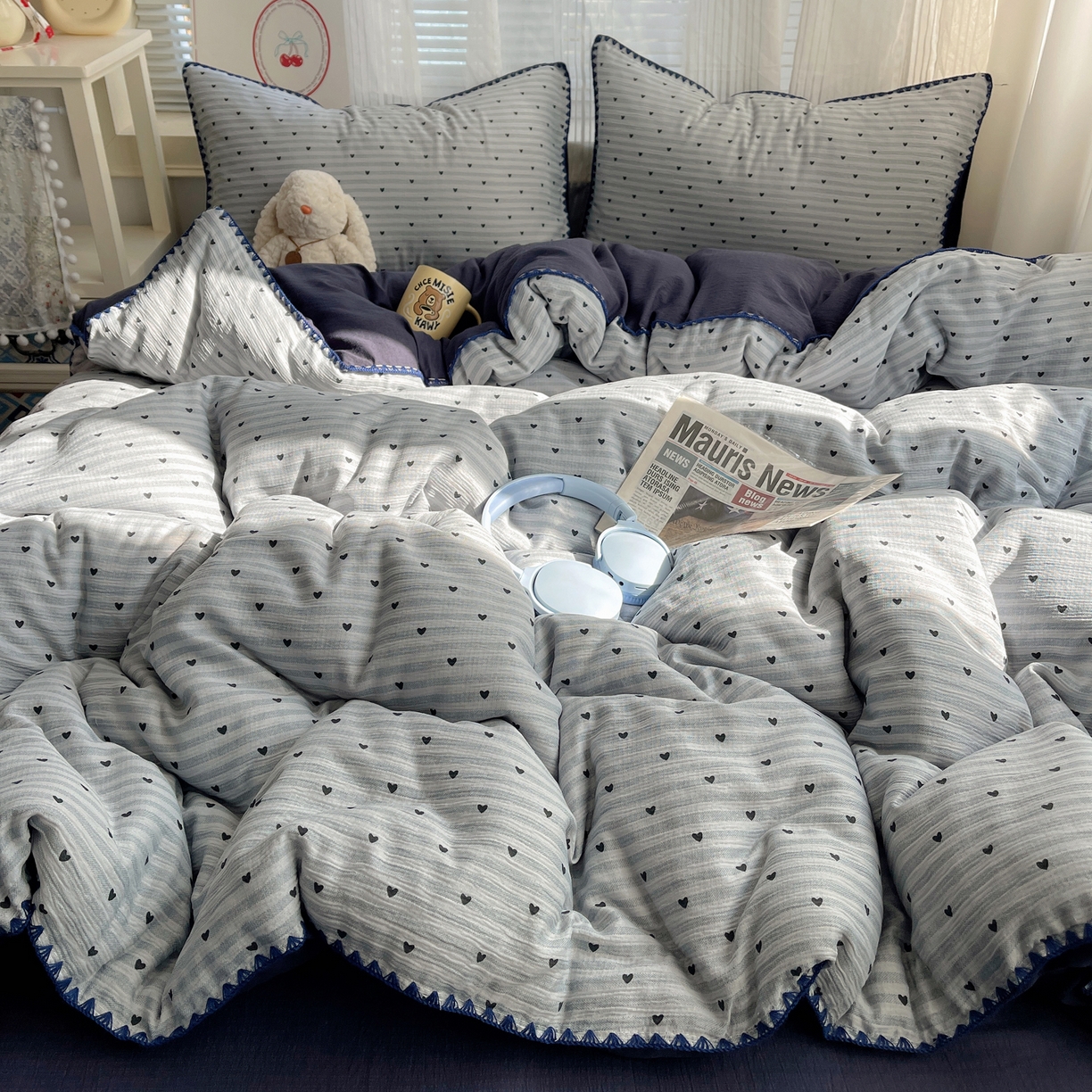 顾里家纺 2026春夏新款ins韩风印花贝壳针双层纱四件套 蓝条爱心