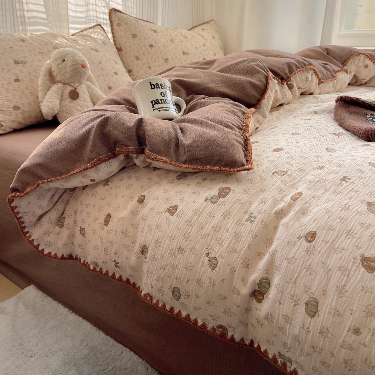 91家纺网 家纺一手货源 找家纺 顾里家纺 2026春夏新款ins韩风印花贝壳针双层纱四件套 小南瓜