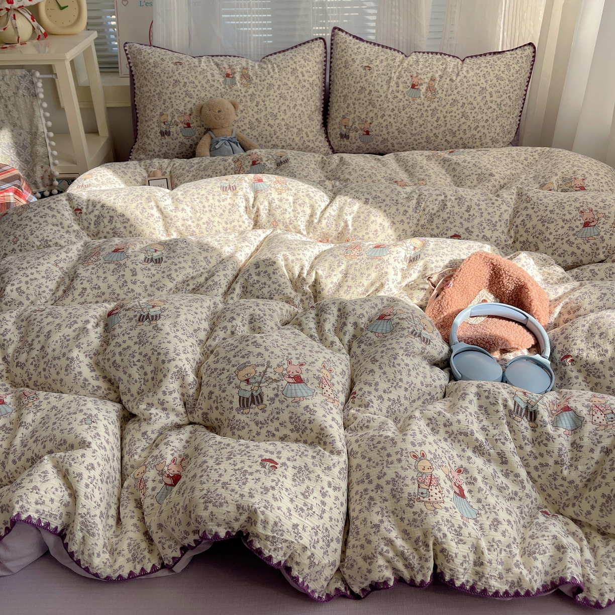 顾里家纺 2026春夏新款ins韩风印花贝壳针双层纱四件套 碎花兔熊