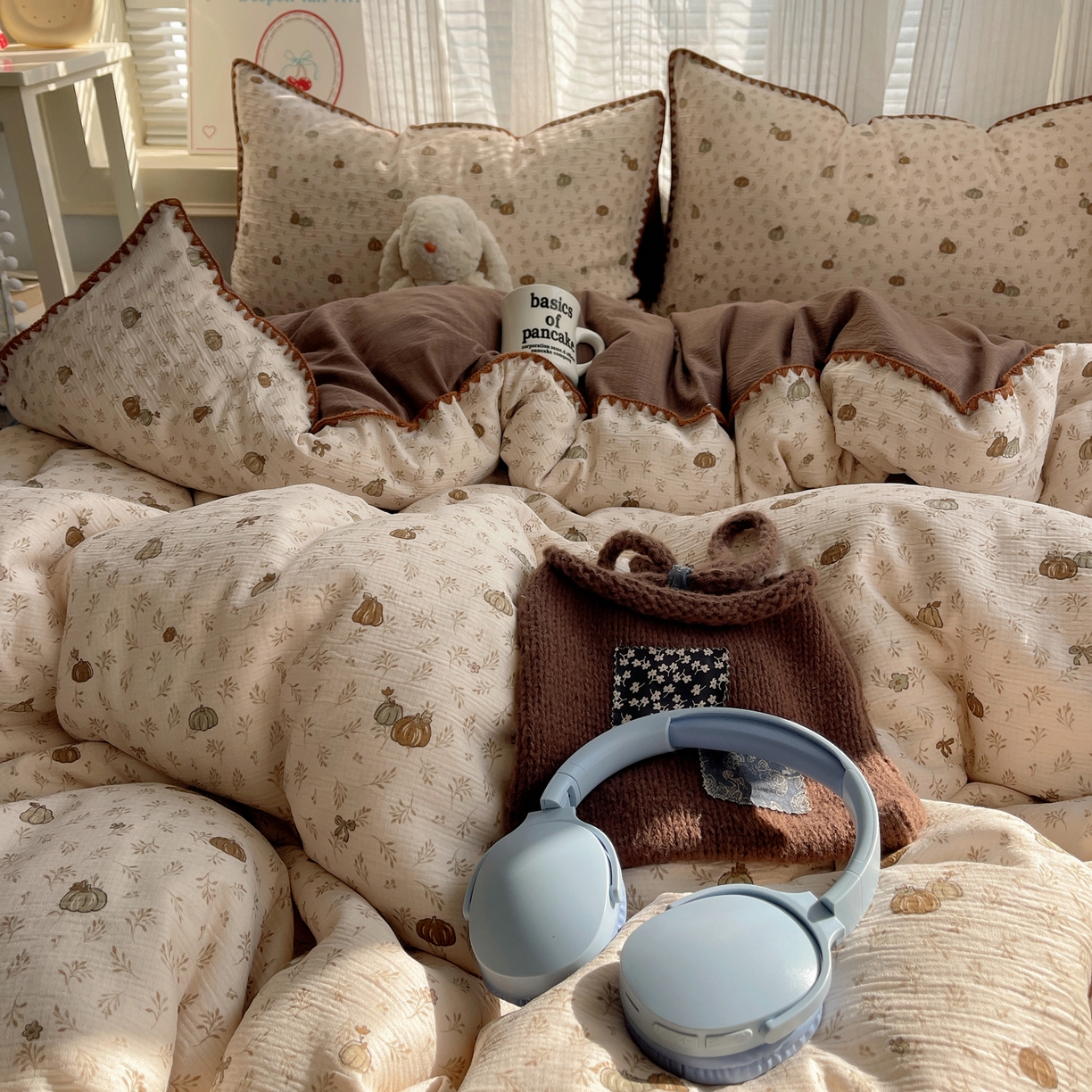 91家纺网 家纺一手货源 找家纺 顾里家纺 2026春夏新款ins韩风印花贝壳针双层纱四件套 小南瓜