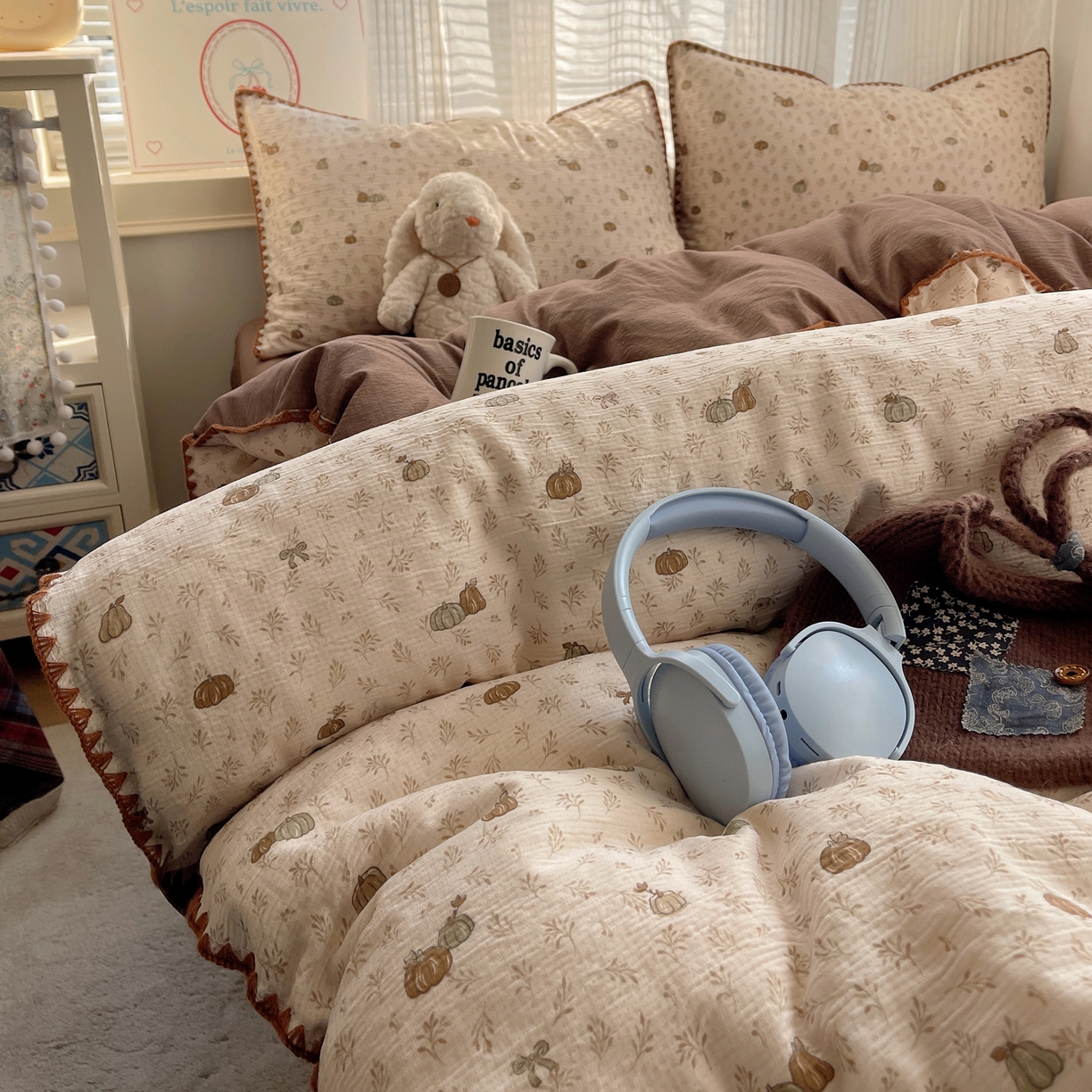 91家纺网 家纺一手货源 找家纺 顾里家纺 2026春夏新款ins韩风印花贝壳针双层纱四件套 小南瓜