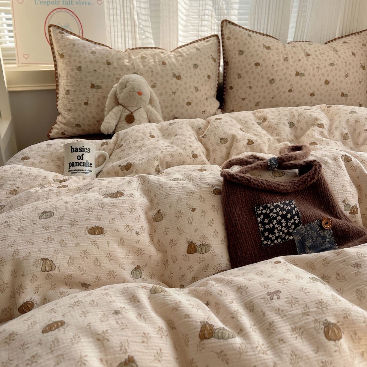 91家纺网 家纺一手货源 找家纺 顾里家纺 2026春夏新款ins韩风印花贝壳针双层纱四件套 小南瓜