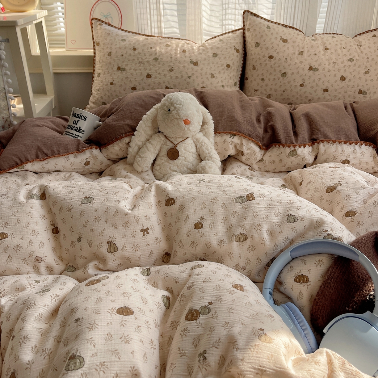 91家纺网 家纺一手货源 找家纺 顾里家纺 2026春夏新款ins韩风印花贝壳针双层纱四件套 小南瓜