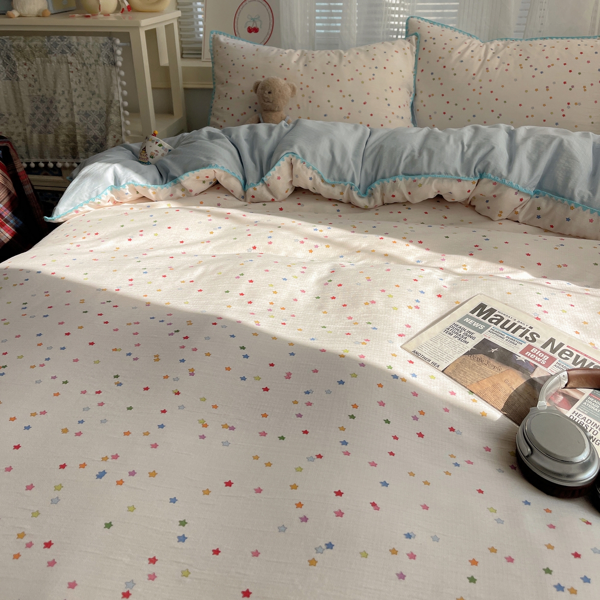 91家纺网 家纺一手货源 找家纺 顾里家纺 2026春夏新款ins韩风印花贝壳针双层纱四件套 治愈星星