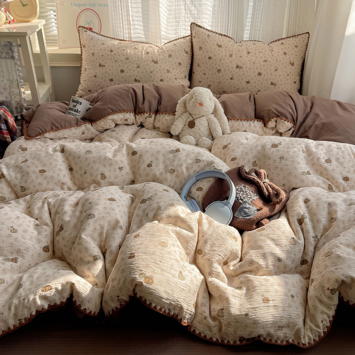 顾里家纺 2026春夏新款ins韩风印花贝壳针双层纱四件套 小南瓜