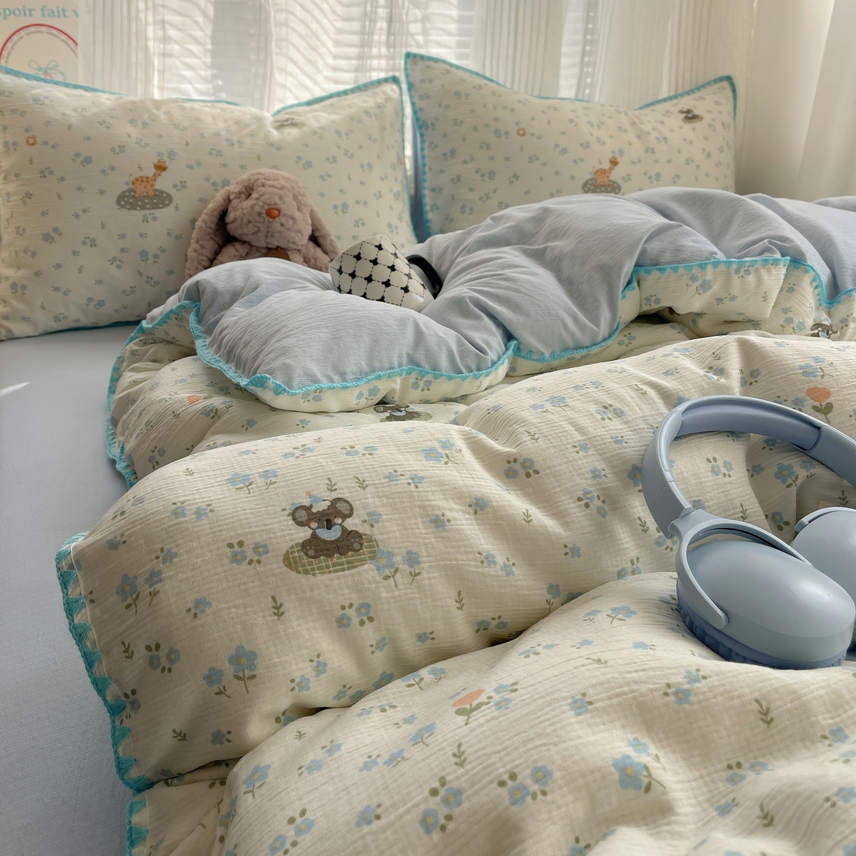 91家纺网 家纺一手货源 找家纺 顾里家纺 2026春夏新款ins韩风印花贝壳针双层纱四件套 雾屿动物