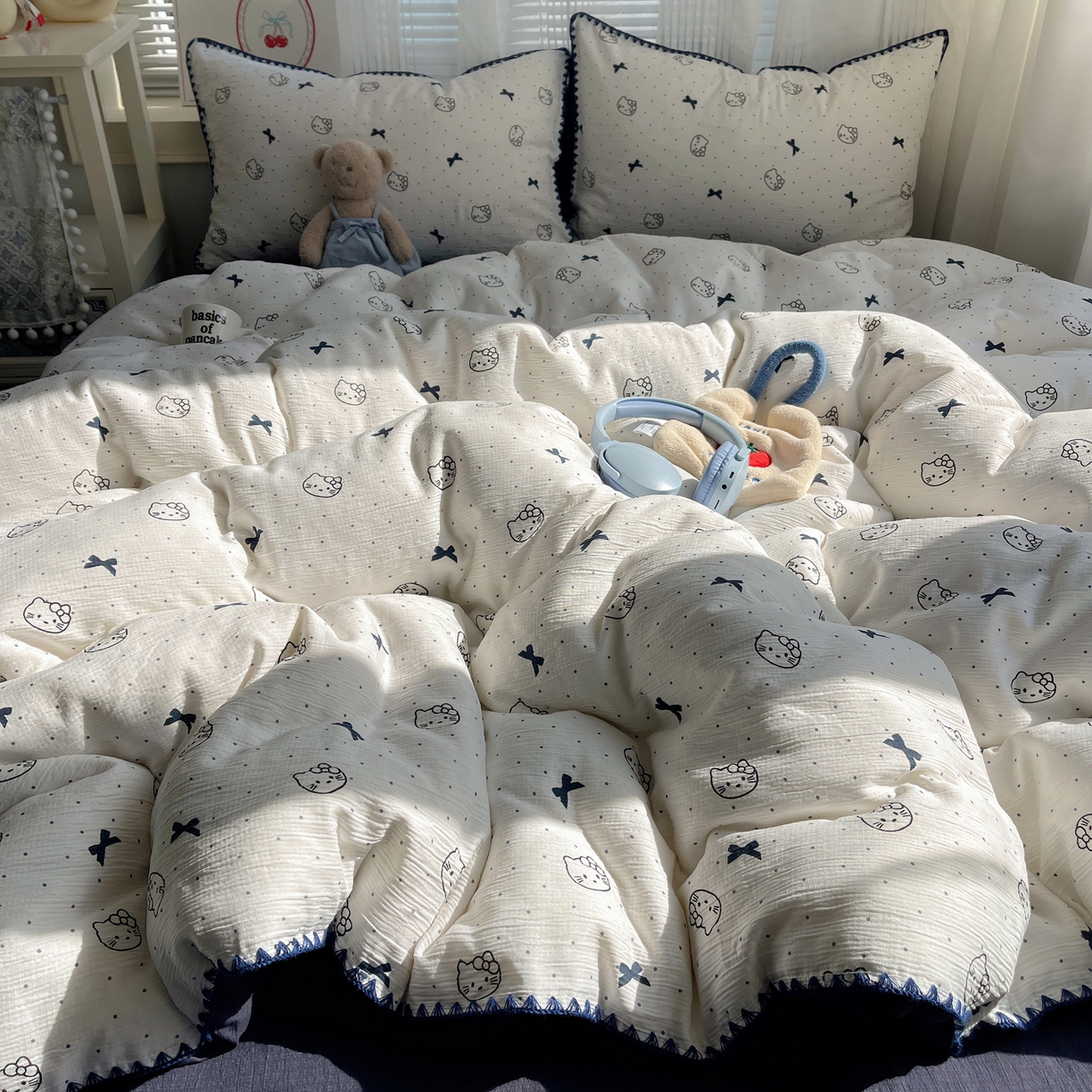 顾里家纺 2026春夏新款ins韩风印花贝壳针双层纱四件套 啵啵猫咪