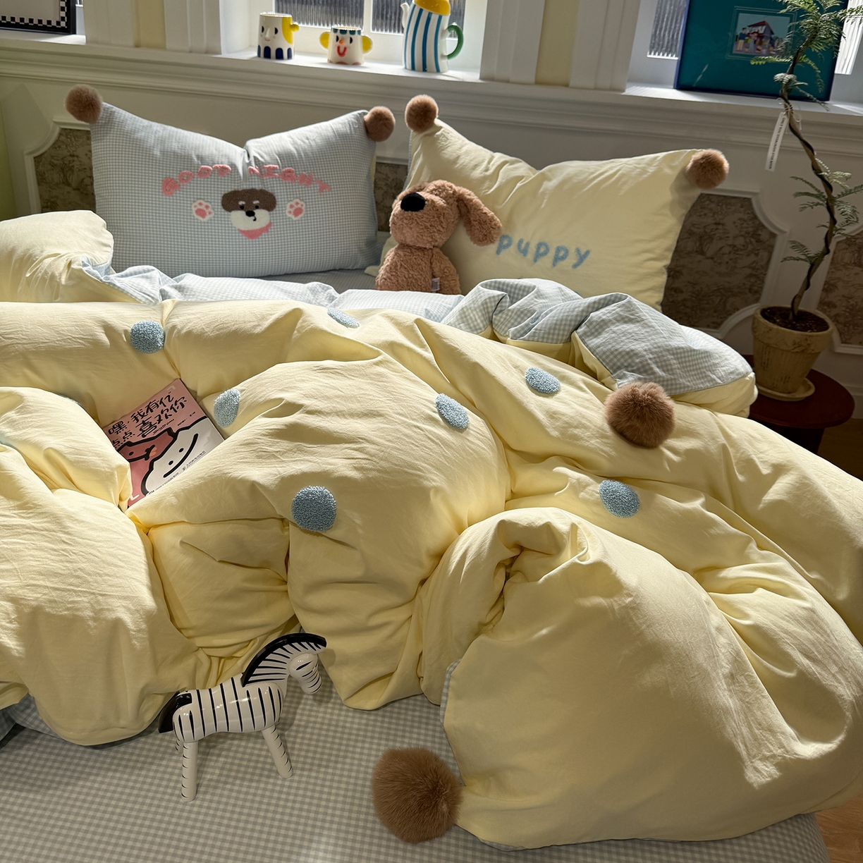 91家纺网 家纺一手货源 找家纺 （总）盼季家纺 2026新款水洗棉毛巾绣毛球四件套