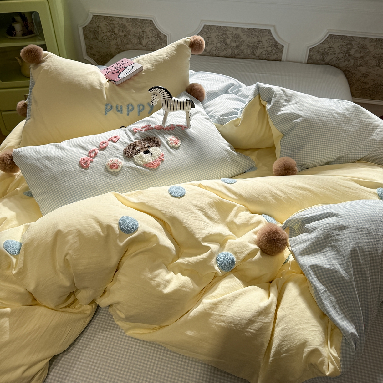 91家纺网 家纺一手货源 找家纺 （总）盼季家纺 2026新款水洗棉毛巾绣毛球四件套